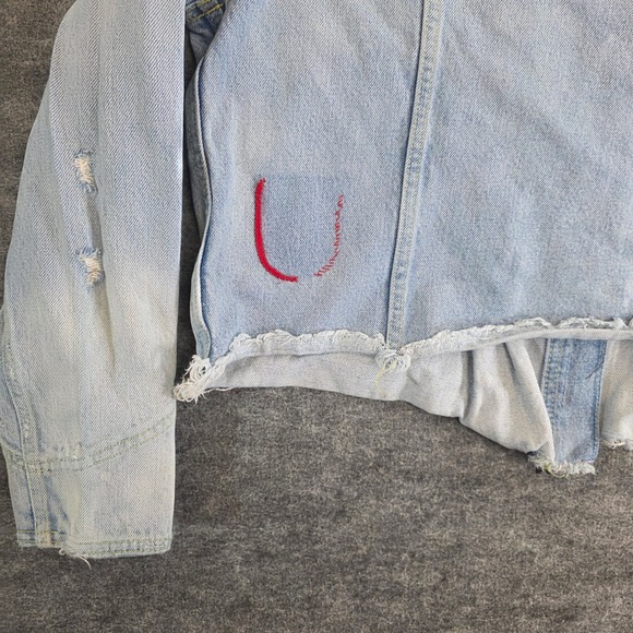 Free People‎ Dillon Jacket Womens Medium Blue Denim Distressed Frayed Raw Hem - Picture 10 of 16